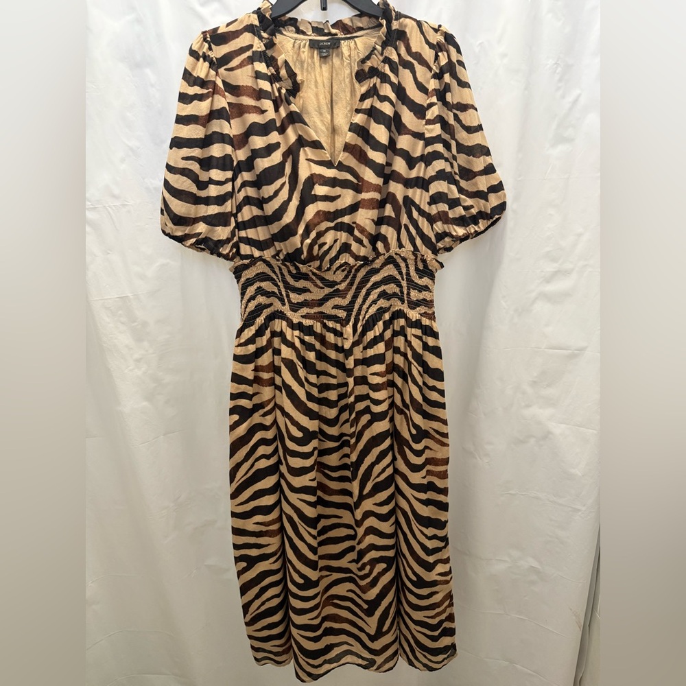 J Crew Cotton Zebra Print M Midi Dress Safari animal print A-line retro mob wife